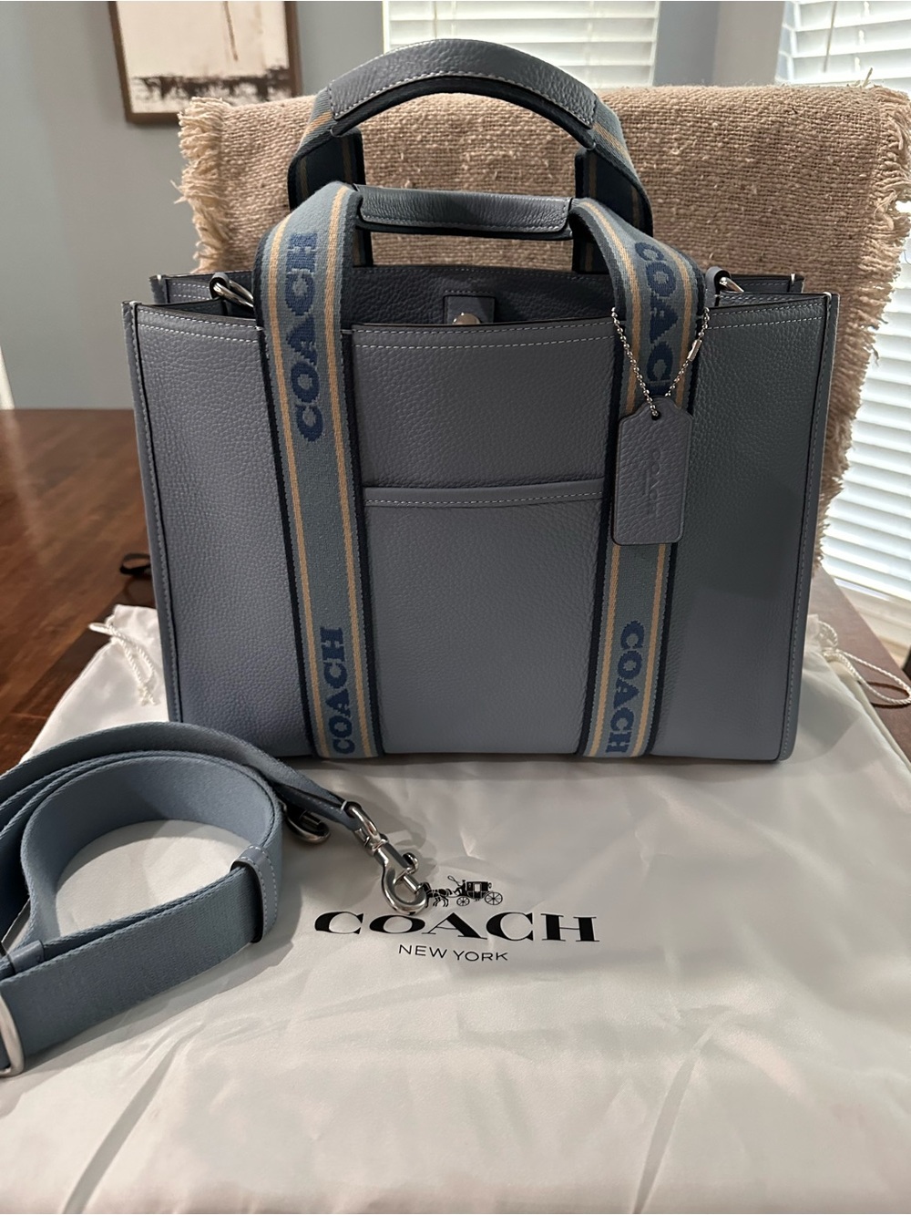 Coach Slate Blue Pebbled Leather Tote with Branded Webbing Strap